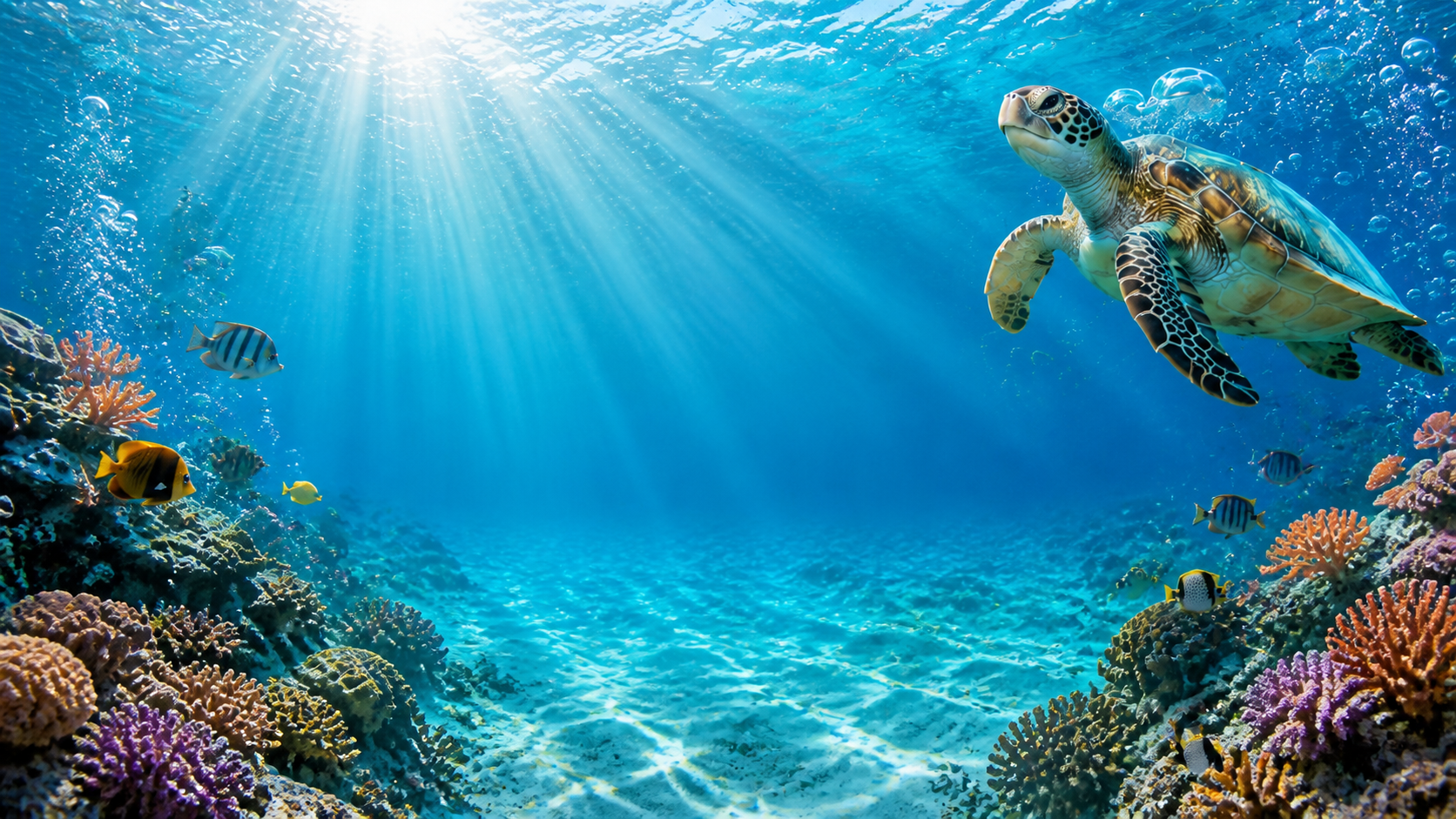 Tortuga marina nadando entre arrecifes en Tecolutla